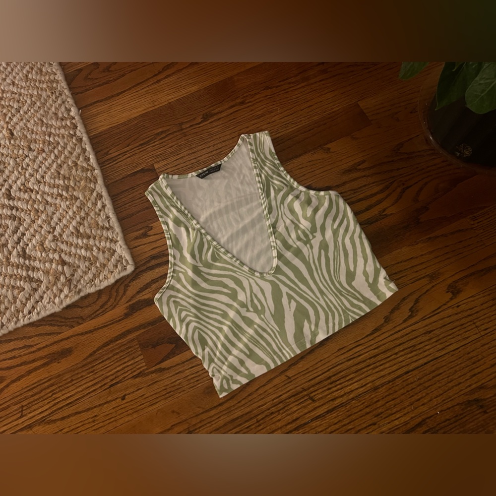 green deep v-neck cropped tank top with zebra stripes, “going out top”